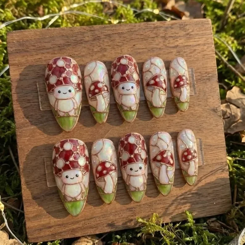 luxury 3D nails, mushroom stained glass, press on nails, custom press on nails, fake nails, Nails Art, stained glass nails, gold press on nails, 3d press on nails, luxury press on nails, handmade press on nails