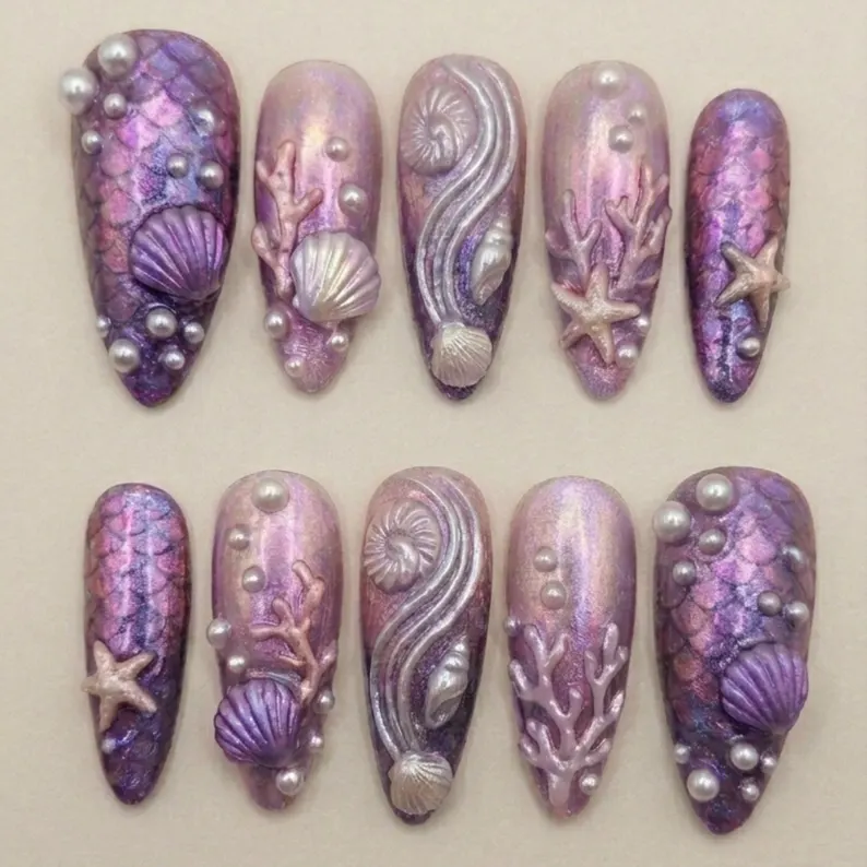 mystic deep sea, mermaid press on, press on nails, custom press on nails, fake nails, Nails Art, stained glass nails, gold press on nails, 3d press on nails, luxury press on nails, handmade press on nails