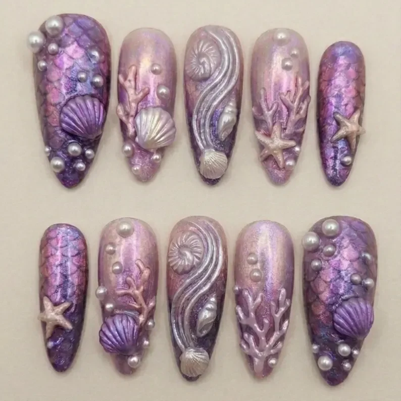 luxury 3D nails, mystic deep sea, press on nails, custom press on nails, fake nails, Nails Art, stained glass nails, gold press on nails, 3d press on nails, luxury press on nails, handmade press on nails