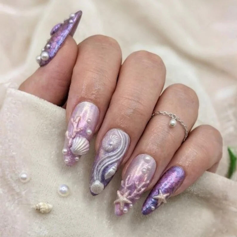 mermaid press on, purple starfish, press on nails, custom press on nails, fake nails, Nails Art, stained glass nails, gold press on nails, 3d press on nails, luxury press on nails, handmade press on nails