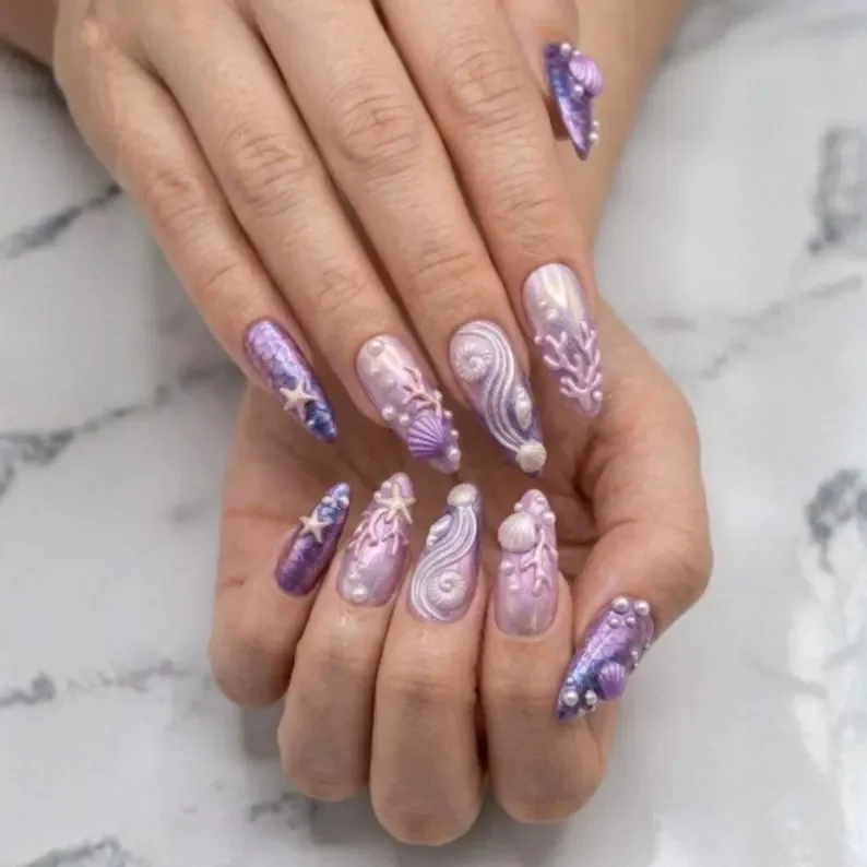 shell sirencore, sea shell nails, press on nails, custom press on nails, fake nails, Nails Art, stained glass nails, gold press on nails, 3d press on nails, luxury press on nails, handmade press on nails