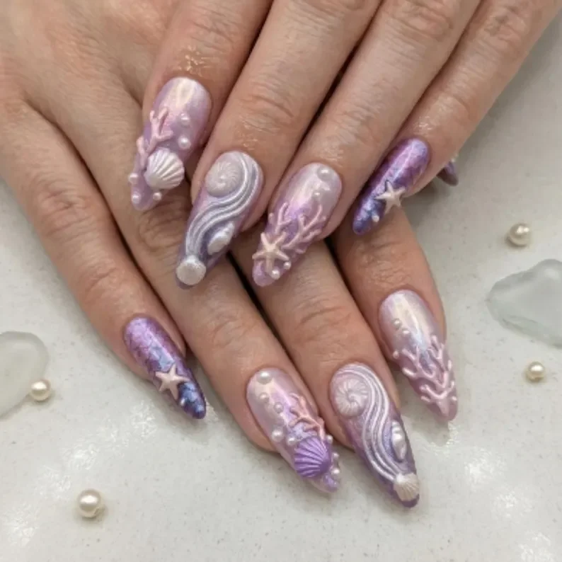 3D mermaid art, press on nails, custom press on nails, fake nails, Nails Art, stained glass nails, gold press on nails, 3d press on nails, luxury press on nails, handmade press on nails