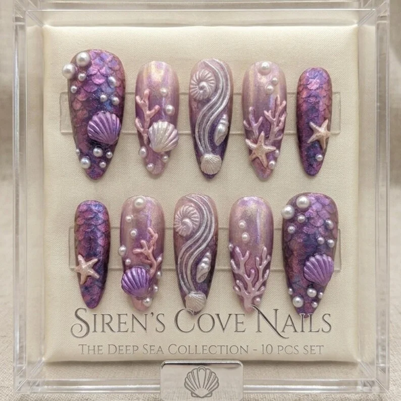 deep sea mermaid, luxury 3D nails, press on nails, custom press on nails, fake nails, Nails Art, stained glass nails, gold press on nails, 3d press on nails, luxury press on nails, handmade press on nails