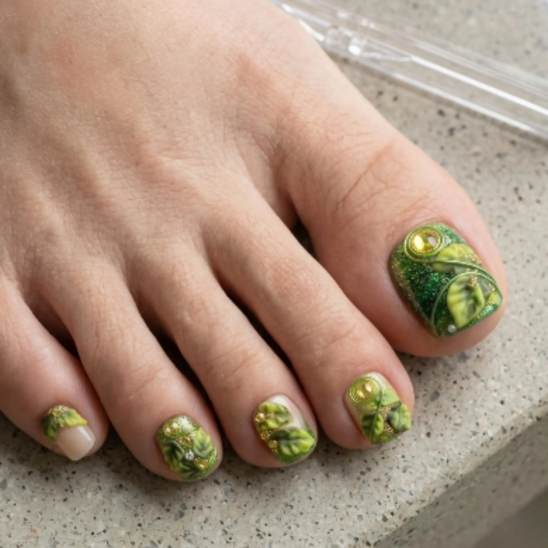 emerald green toes, nature themed nails, press on nails, custom press on nails, fake nails, Nails Art, stained glass nails, gold press on nails, 3d press on nails, luxury press on nails, handmade press on nails