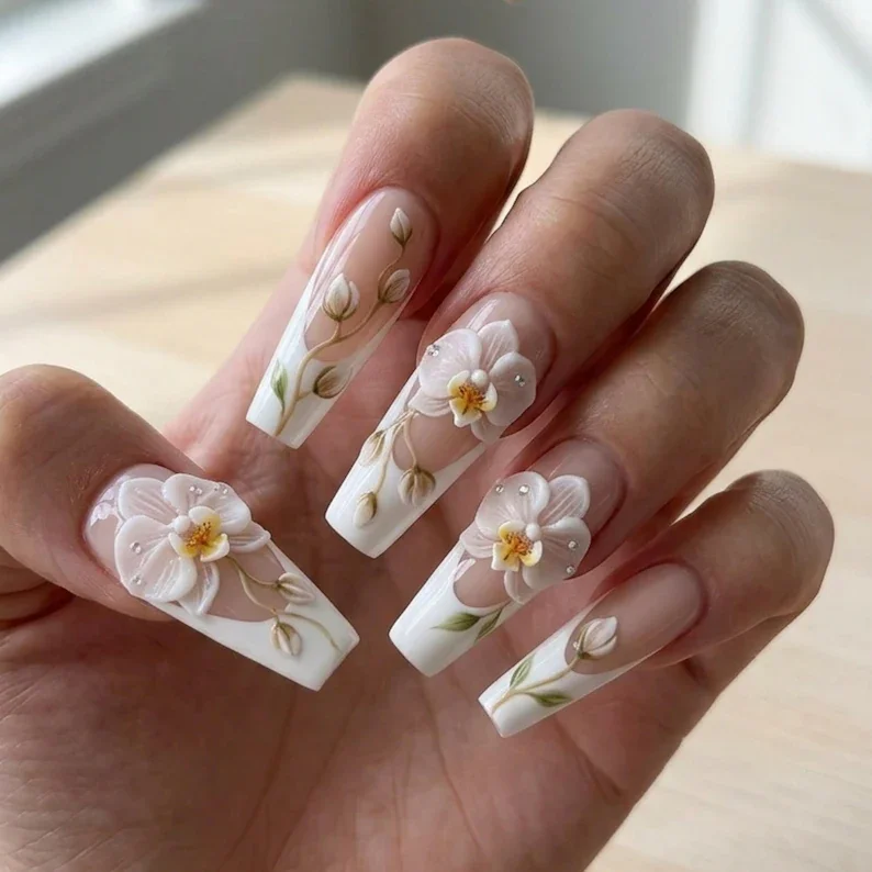 luxury 3D orchid, bridal wedding nails, press on nails, custom press on nails, fake nails, Nails Art, stained glass nails, gold press on nails, 3d press on nails, luxury press on nails, handmade press on nails