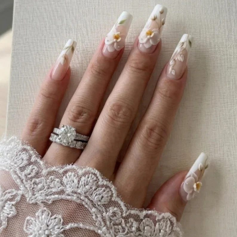 floral french tip, nail art design, press on nails, custom press on nails, fake nails, Nails Art, stained glass nails, gold press on nails, 3d press on nails, luxury press on nails, handmade press on nails