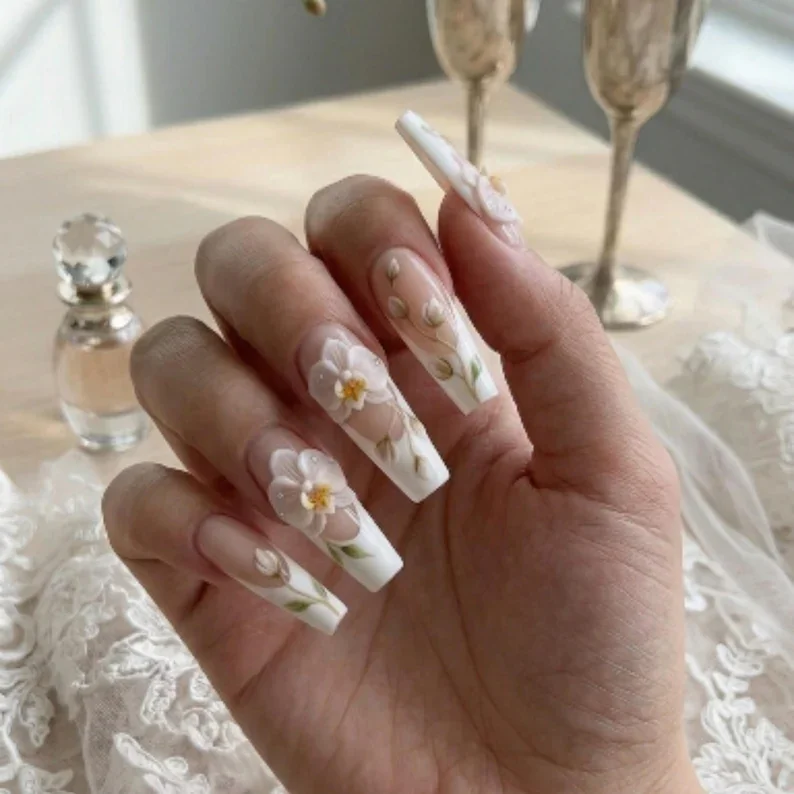wedding nail set, white floral nails, press on nails, custom press on nails, fake nails, Nails Art, stained glass nails, gold press on nails, 3d press on nails, luxury press on nails, handmade press on nails