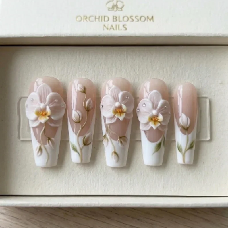 luxury 3D orchid, bridal wedding nails, press on nails, custom press on nails, fake nails, Nails Art, stained glass nails, gold press on nails, 3d press on nails, luxury press on nails, handmade press on nails