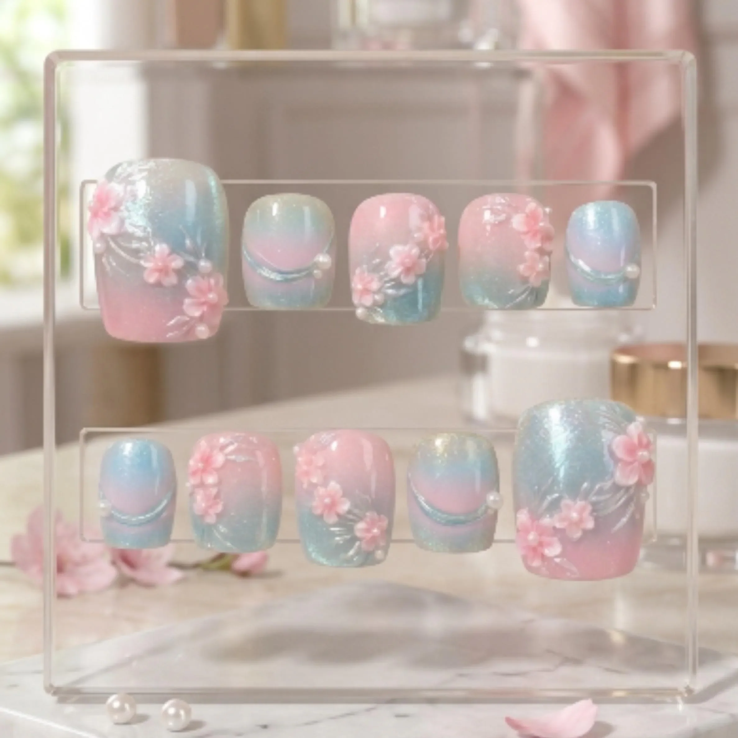 luxury 3D pastel, cherry blossom press, press on nails, custom press on nails, fake nails, Nails Art, stained glass nails, gold press on nails, 3d press on nails, luxury press on nails, handmade press on nails