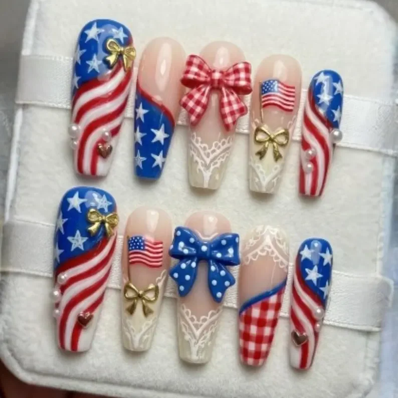 Luxury 3D nails, Patriotic coquette, press on nails, custom press on nails, fake nails, Nails Art, stained glass nails, gold press on nails, 3d press on nails, luxury press on nails, handmade press on nails
