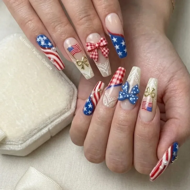 Coquette nail set, USA patriotic nails, press on nails, custom press on nails, fake nails, Nails Art, stained glass nails, gold press on nails, 3d press on nails, luxury press on nails, handmade press on nails