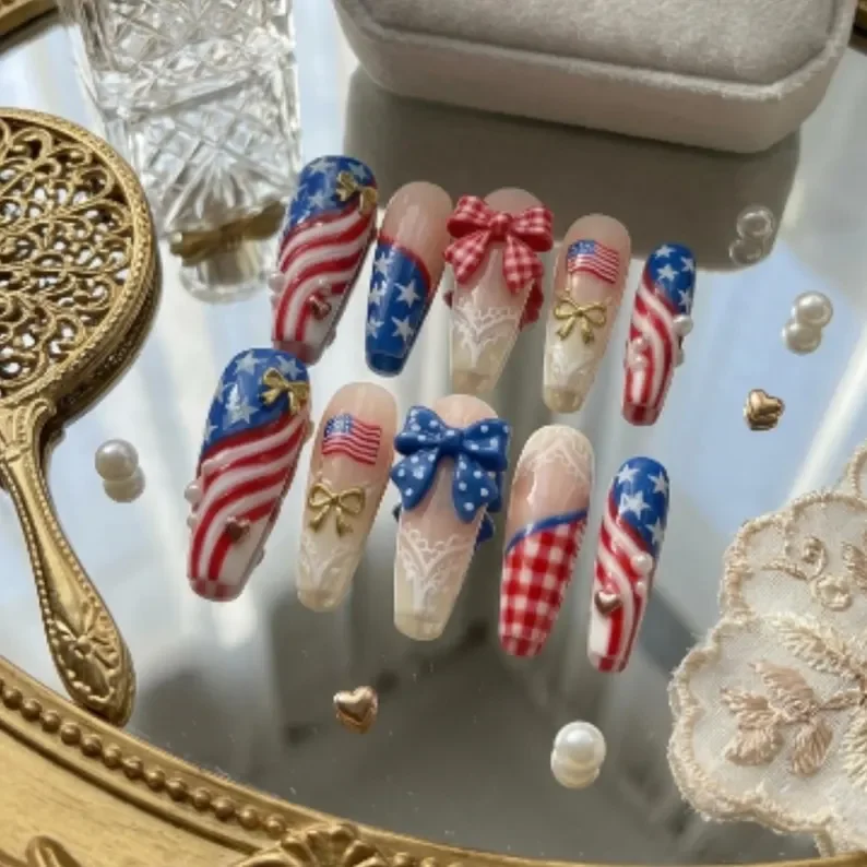 Luxury 3D nails, Patriotic coquette, press on nails, custom press on nails, fake nails, Nails Art, stained glass nails, gold press on nails, 3d press on nails, luxury press on nails, handmade press on nails