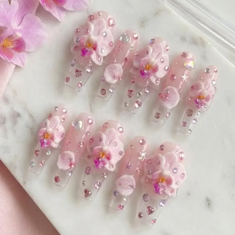 luxury 3D press on nails, pink orchid nails, press on nails, custom press on nails, fake nails, Nails Art, stained glass nails, gold press on nails, 3d press on nails, luxury press on nails, handmade press on nails
