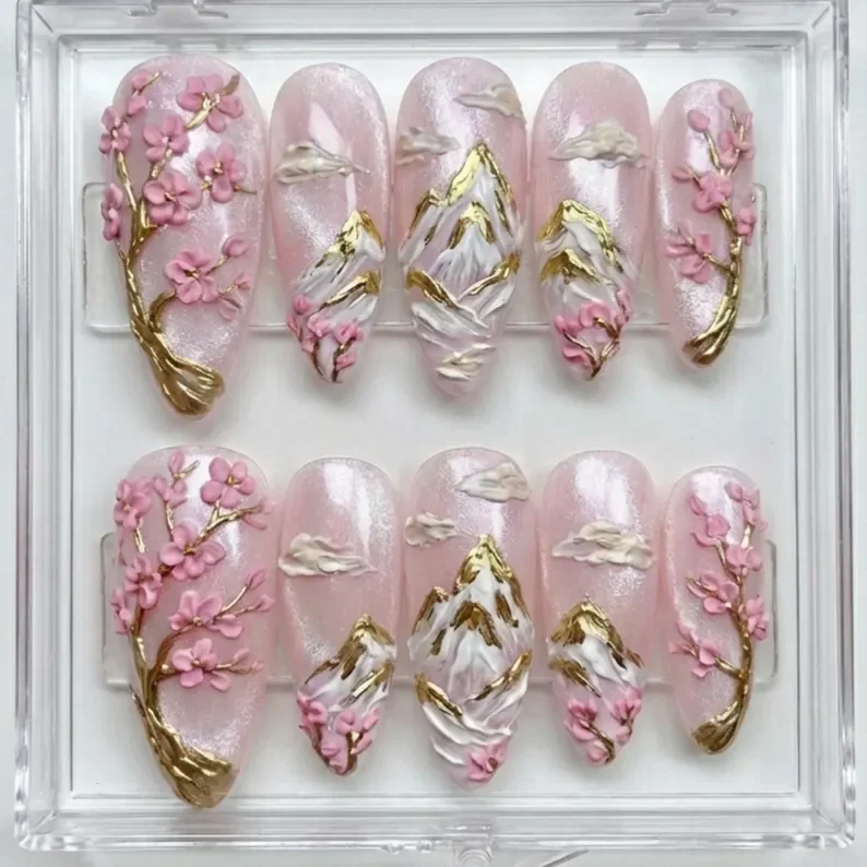 luxury 3D press on nails, sakura mountain art, press on nails, custom press on nails, fake nails, Nails Art, stained glass nails, gold press on nails, 3d press on nails, luxury press on nails, handmade press on nails