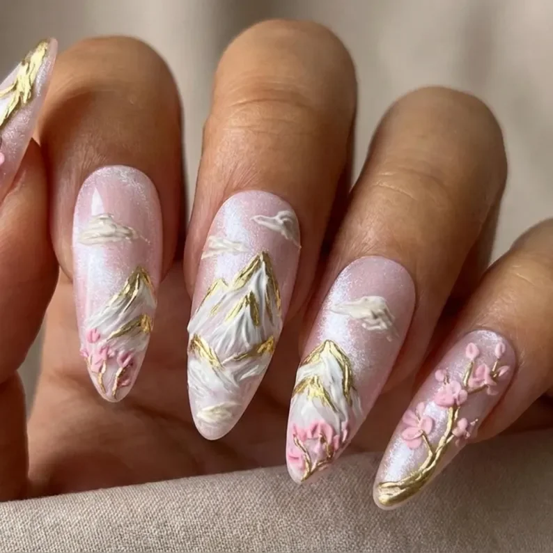 Japanese art nails, mountain landscape nails, press on nails, custom press on nails, fake nails, Nails Art, stained glass nails, gold press on nails, 3d press on nails, luxury press on nails, handmade press on nails