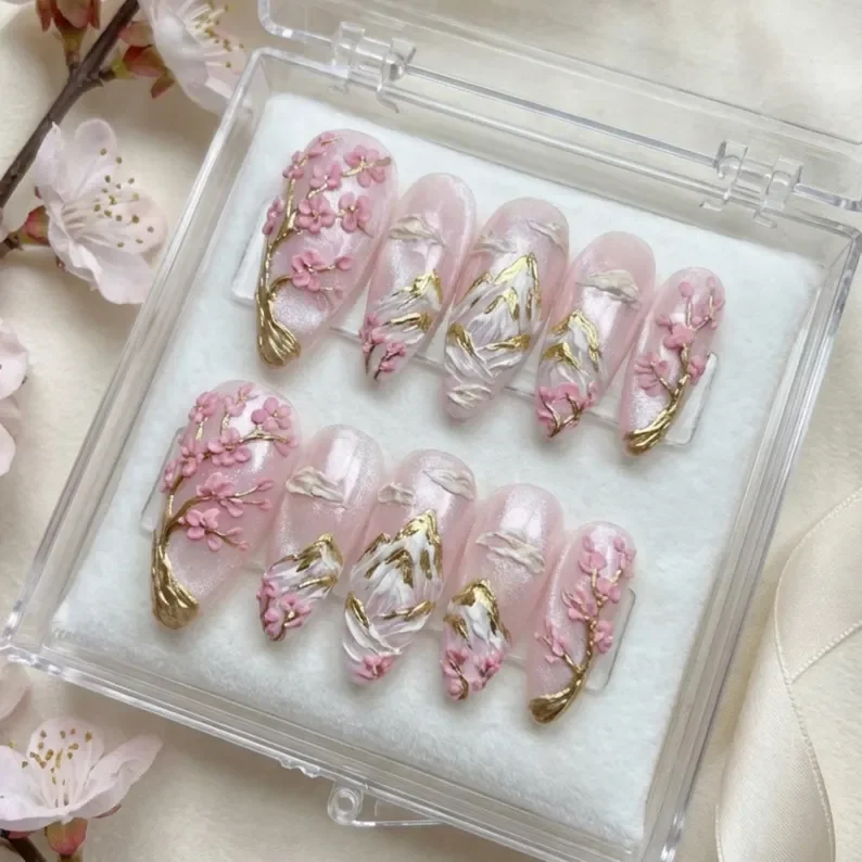 luxury 3D press on nails, sakura mountain art, press on nails, custom press on nails, fake nails, Nails Art, stained glass nails, gold press on nails, 3d press on nails, luxury press on nails, handmade press on nails