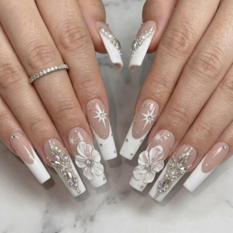 bridal white nails, nude rhinestone nails, press on nails, custom press on nails, fake nails, Nails Art, stained glass nails, gold press on nails, 3d press on nails, luxury press on nails, handmade press on nails