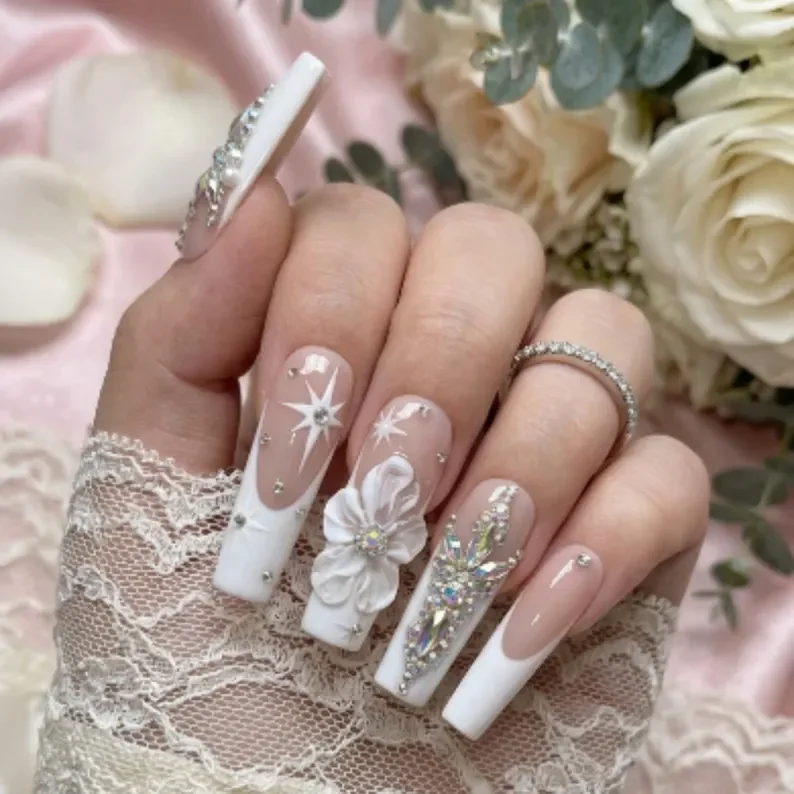 bridal nail set, white and nude nails, press on nails, custom press on nails, fake nails, Nails Art, stained glass nails, gold press on nails, 3d press on nails, luxury press on nails, handmade press on nails