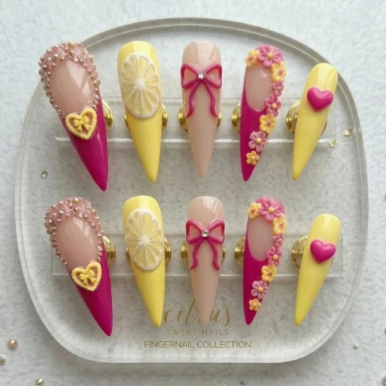 floral press on, kawaii lemon slice, press on nails, custom press on nails, fake nails, Nails Art, stained glass nails, gold press on nails, 3d press on nails, luxury press on nails, handmade press on nails