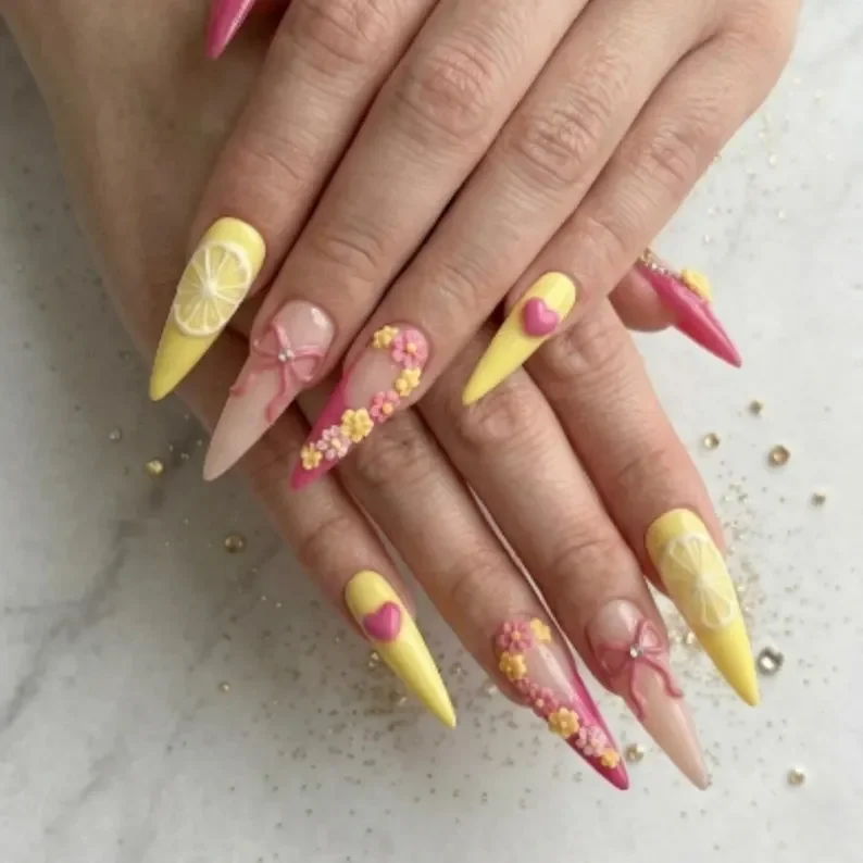 floral press on, kawaii lemon slice, press on nails, custom press on nails, fake nails, Nails Art, stained glass nails, gold press on nails, 3d press on nails, luxury press on nails, handmade press on nails