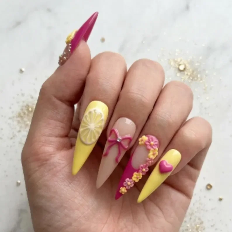 3D fruit design, summer floral nails, press on nails, custom press on nails, fake nails, Nails Art, stained glass nails, gold press on nails, 3d press on nails, luxury press on nails, handmade press on nails