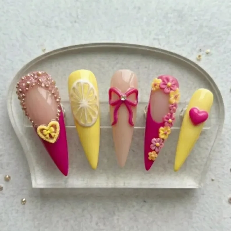 luxury 3D nails, summer fruit nails, press on nails, custom press on nails, fake nails, Nails Art, stained glass nails, gold press on nails, 3d press on nails, luxury press on nails, handmade press on nails