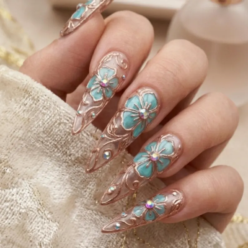 floral press on nails, art nouveau nails, press on nails, custom press on nails, fake nails, Nails Art, stained glass nails, gold press on nails, 3d press on nails, luxury press on nails, handmade press on nails