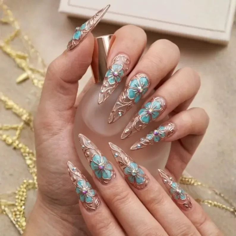 floral press on nails, art nouveau nails, press on nails, custom press on nails, fake nails, Nails Art, stained glass nails, gold press on nails, 3d press on nails, luxury press on nails, handmade press on nails