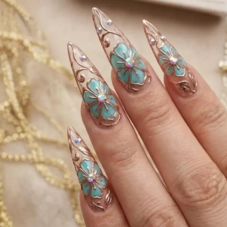 art nouveau floral, 3D floral nails, press on nails, custom press on nails, fake nails, Nails Art, stained glass nails, gold press on nails, 3d press on nails, luxury press on nails, handmade press on nails