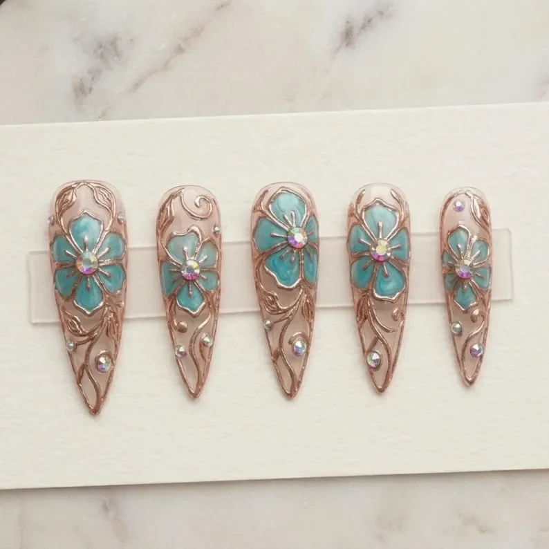 luxury 3D nails, turquoise stained glass, press on nails, custom press on nails, fake nails, Nails Art, stained glass nails, gold press on nails, 3d press on nails, luxury press on nails, handmade press on nails