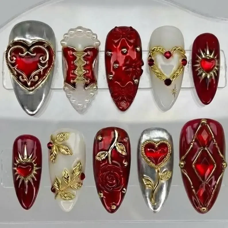 luxury 3D nails, valentine press on, press on nails, custom press on nails, fake nails, Nails Art, stained glass nails, gold press on nails, 3d press on nails, luxury press on nails, handmade press on nails
