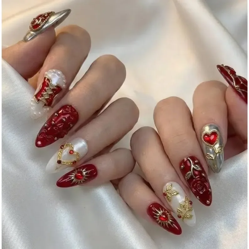 baroque nail art, crimson gold nails, press on nails, custom press on nails, fake nails, Nails Art, stained glass nails, gold press on nails, 3d press on nails, luxury press on nails, handmade press on nails