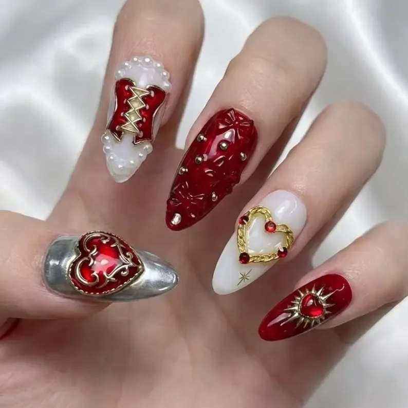 luxury 3D nails, valentine press on, press on nails, custom press on nails, fake nails, Nails Art, stained glass nails, gold press on nails, 3d press on nails, luxury press on nails, handmade press on nails