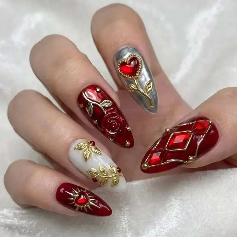 baroque nail art, crimson gold nails, press on nails, custom press on nails, fake nails, Nails Art, stained glass nails, gold press on nails, 3d press on nails, luxury press on nails, handmade press on nails