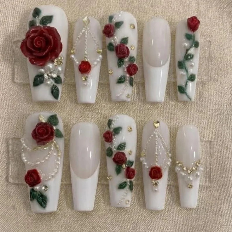 3D rose design, pearl embellishment nails, press on nails, custom press on nails, fake nails, Nails Art, stained glass nails, gold press on nails, 3d press on nails, luxury press on nails, handmade press on nails