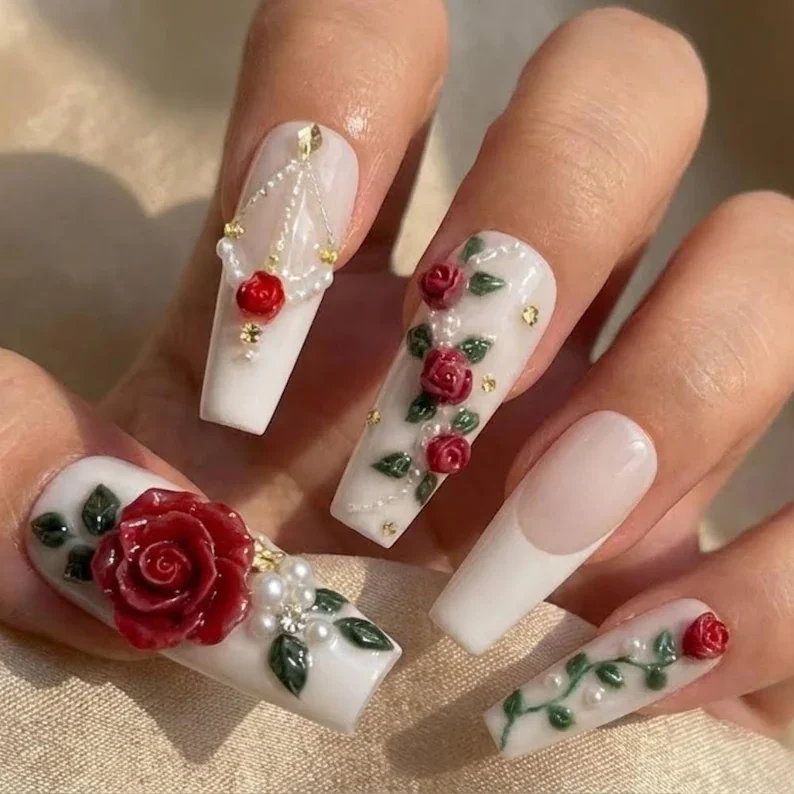 pearl press on, romantic valentine nails, press on nails, custom press on nails, fake nails, Nails Art, stained glass nails, gold press on nails, 3d press on nails, luxury press on nails, handmade press on nails