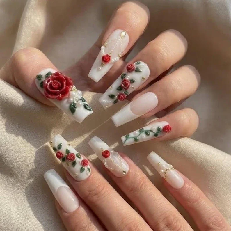luxury 3D press-on nails, vintage rose nails, press on nails, custom press on nails, fake nails, Nails Art, stained glass nails, gold press on nails, 3d press on nails, luxury press on nails, handmade press on nails