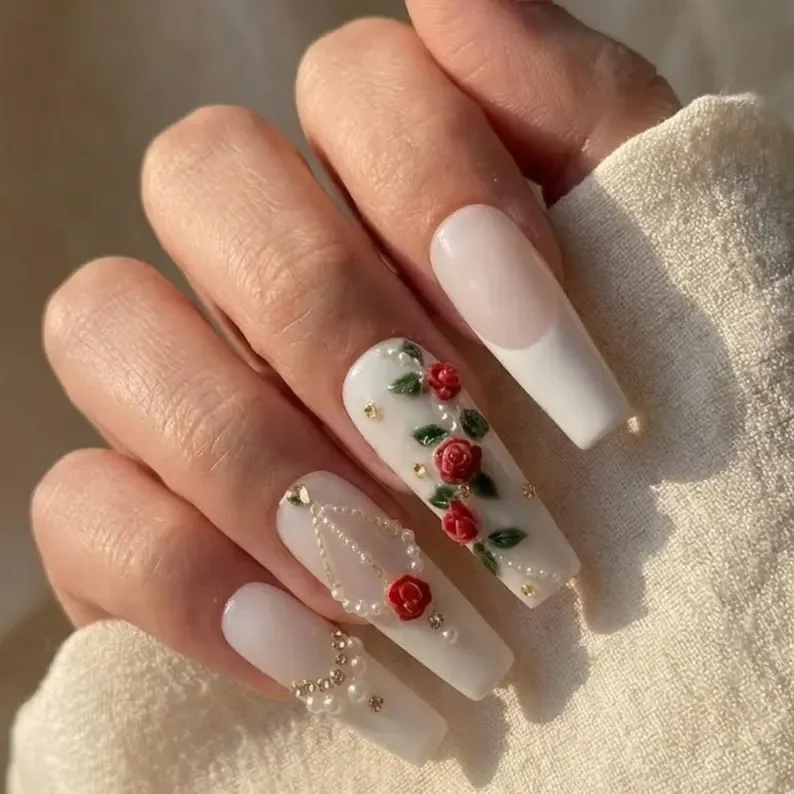 pearl press on, romantic valentine nails, press on nails, custom press on nails, fake nails, Nails Art, stained glass nails, gold press on nails, 3d press on nails, luxury press on nails, handmade press on nails