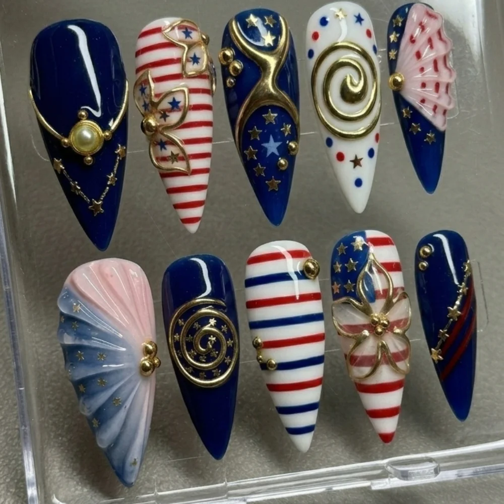4th of July nails, press on nails, custom press on nails, fake nails, Nails Art, stained glass nails, gold press on nails, 3d press on nails, luxury press on nails, handmade press on nails