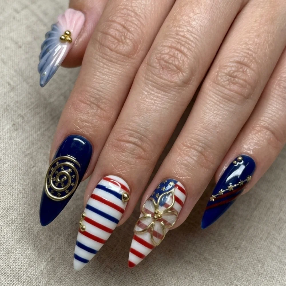 patriotic stiletto nails, red white blue nails, press on nails, custom press on nails, fake nails, Nails Art, stained glass nails, gold press on nails, 3d press on nails, luxury press on nails, handmade press on nails