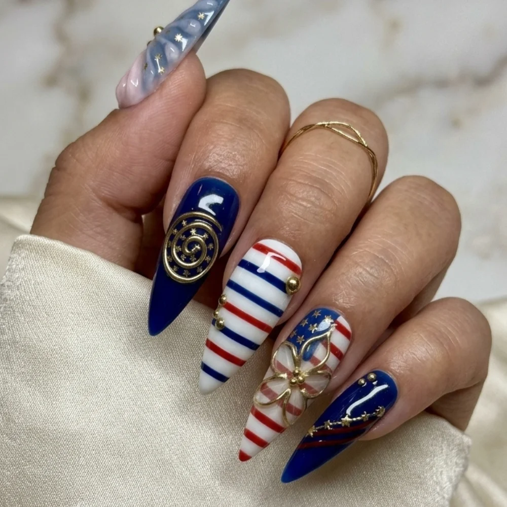 spiral patriotic nails, ornate USA nails, press on nails, custom press on nails, fake nails, Nails Art, stained glass nails, gold press on nails, 3d press on nails, luxury press on nails, handmade press on nails