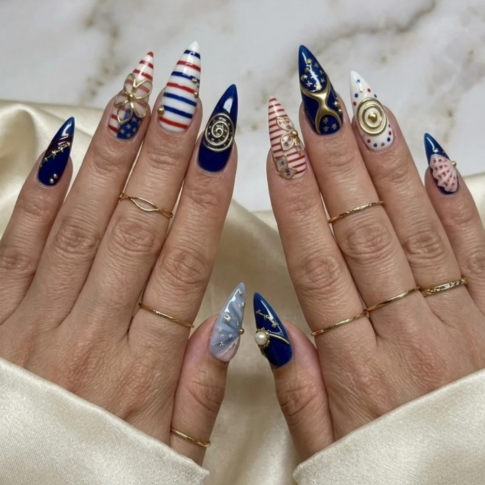 artistic USA nails, 4th of July nails, press on nails, custom press on nails, fake nails, Nails Art, stained glass nails, gold press on nails, 3d press on nails, luxury press on nails, handmade press on nails
