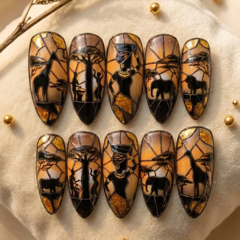 Luxury African Savanna, Stained Glass Nails, press on nails, custom press on nails, fake nails, Nails Art, stained glass nails, gold press on nails, 3d press on nails, luxury press on nails, handmade press on nails