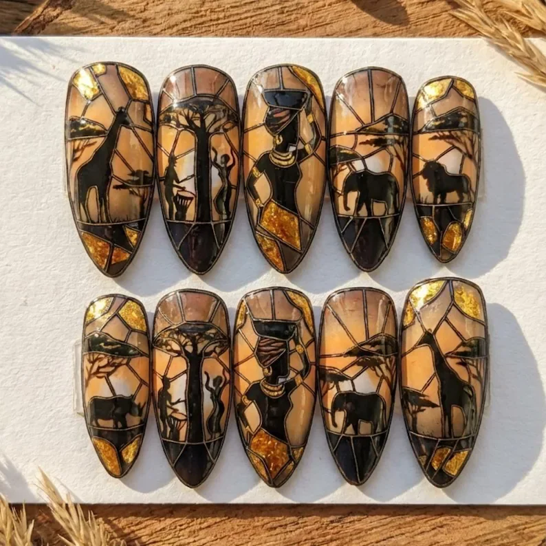 Press On Nails, 3D Gold Leaf, press on nails, custom press on nails, fake nails, Nails Art, stained glass nails, gold press on nails, 3d press on nails, luxury press on nails, handmade press on nails