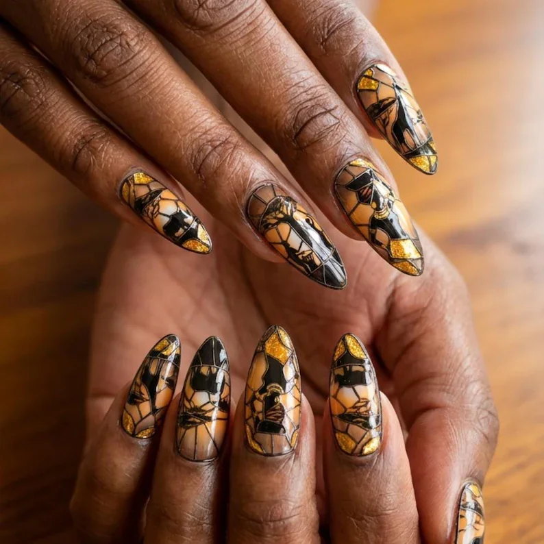 Sunset Nail Art, Gold Leaf Nails, press on nails, custom press on nails, fake nails, Nails Art, stained glass nails, gold press on nails, 3d press on nails, luxury press on nails, handmade press on nails