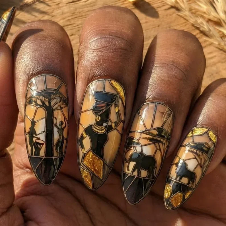 Luxury Nail Set, African Inspired Nails, press on nails, custom press on nails, fake nails, Nails Art, stained glass nails, gold press on nails, 3d press on nails, luxury press on nails, handmade press on nails
