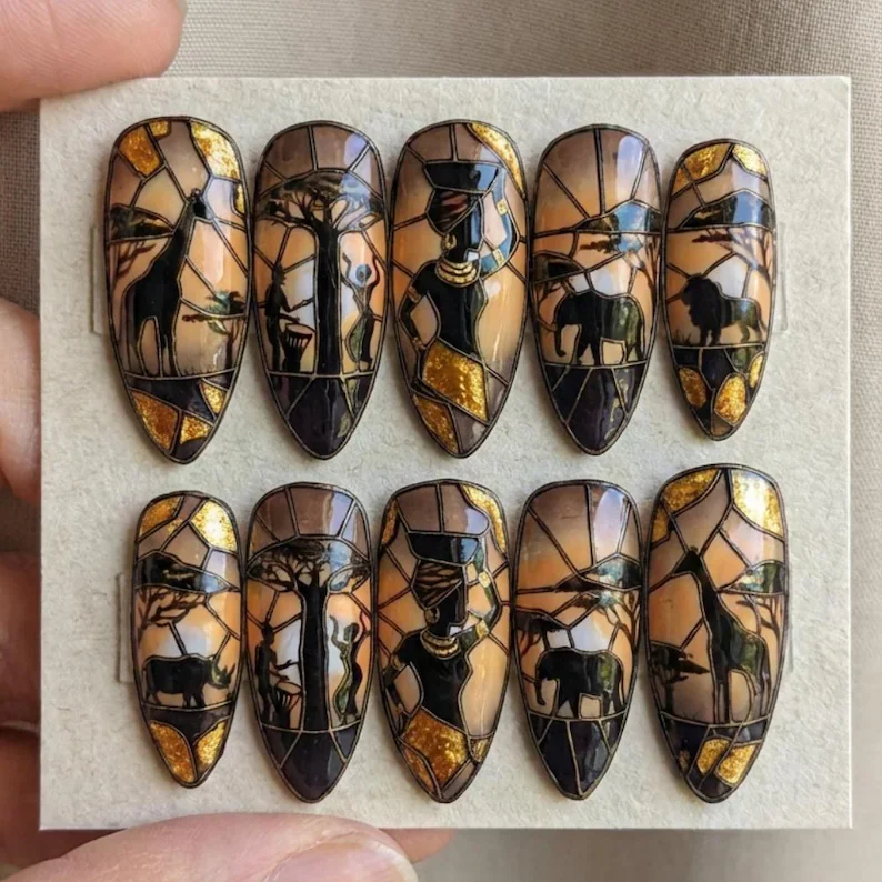 Luxury African Savanna, Stained Glass Nails, press on nails, custom press on nails, fake nails, Nails Art, stained glass nails, gold press on nails, 3d press on nails, luxury press on nails, handmade press on nails