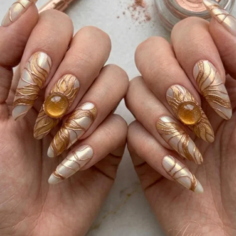 amber marble nails, sun goddess nail art, press on nails, custom press on nails, fake nails, Nails Art, stained glass nails, gold press on nails, 3d press on nails, luxury press on nails, handmade press on nails