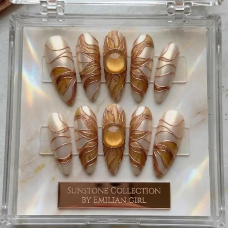 luxury amber marble, sun goddess nails, press on nails, custom press on nails, fake nails, Nails Art, stained glass nails, gold press on nails, 3d press on nails, luxury press on nails, handmade press on nails