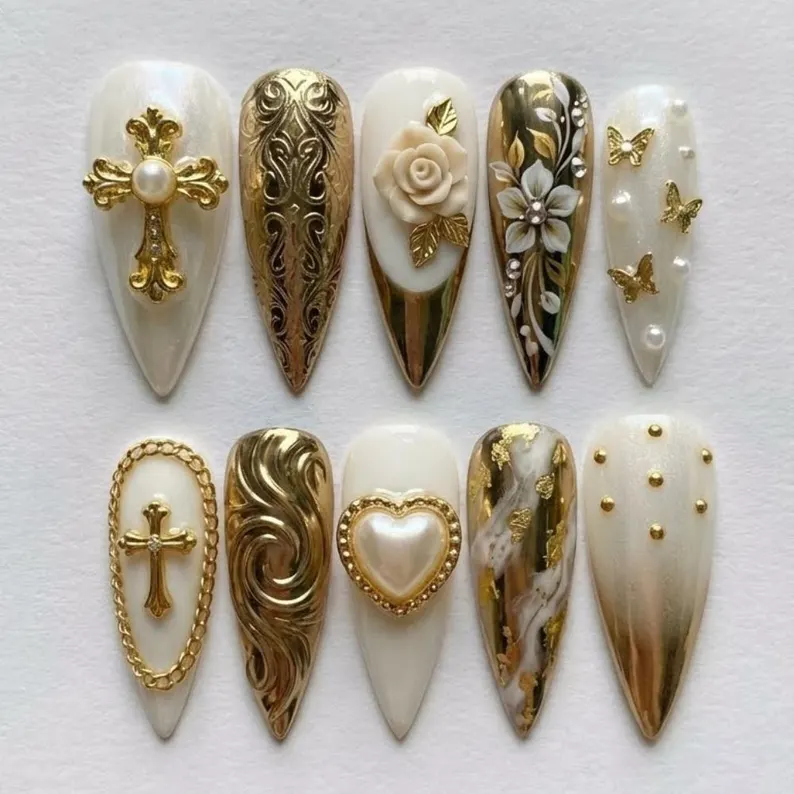wedding nail art, pearl nail design, press on nails, custom press on nails, fake nails, Nails Art, stained glass nails, gold press on nails, 3d press on nails, luxury press on nails, handmade press on nails